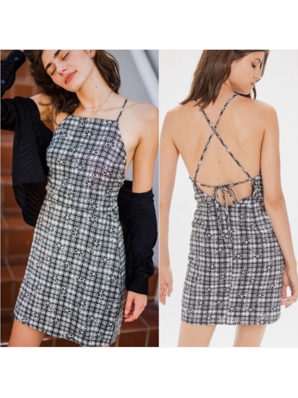 Urban Outfitters Black & White Plaid Halter Mini Dress